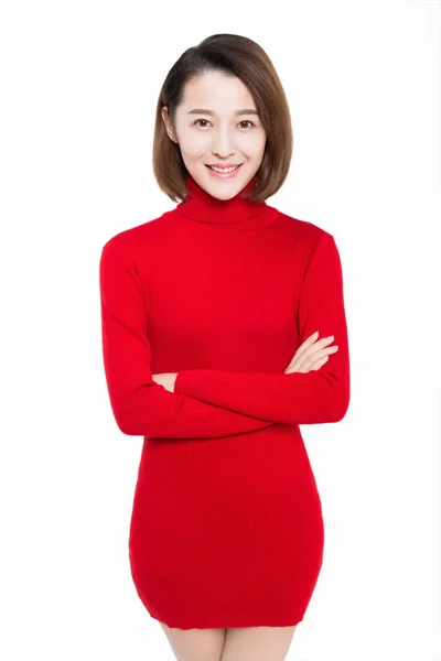Porträt Einer Schönen Frau Mit Rotem Kleid Vor Weißem Hintergrund — Stockfoto