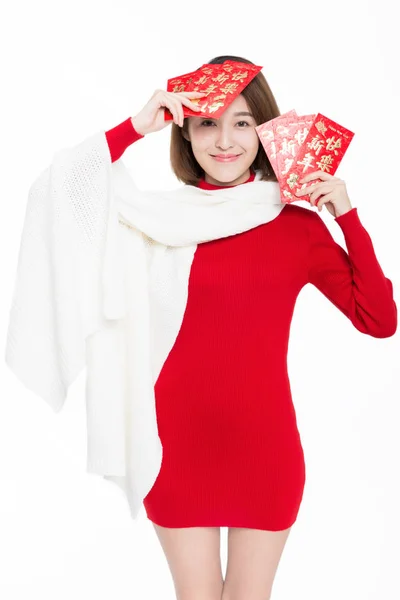 Beautiful Girl Holding Red Envelope Happily White Background Studio Shot — Stock Photo, Image