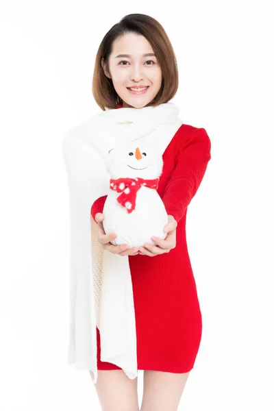 Glückliche Frau Hält Kleines Schneemannspielzeug Auf Weißem Hintergrund Und Feiert — Stockfoto