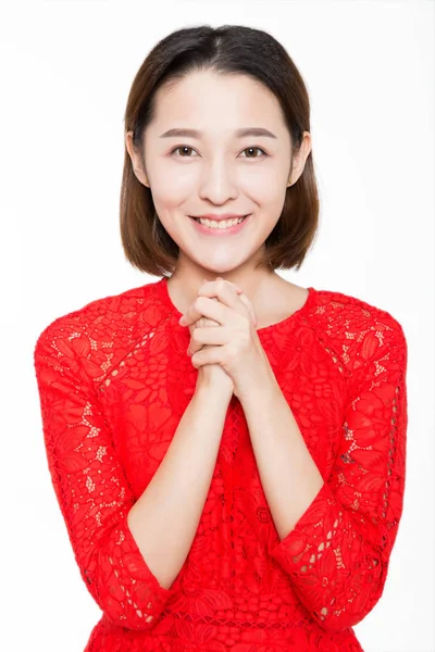 Studio Shot Beautiful Woman Wearing Red Dress Praying Looking Camera — 스톡 사진