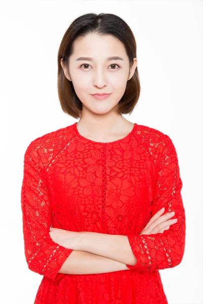 Portrait Beautiful Woman Wearing Red Dress White Background — Stock Photo, Image