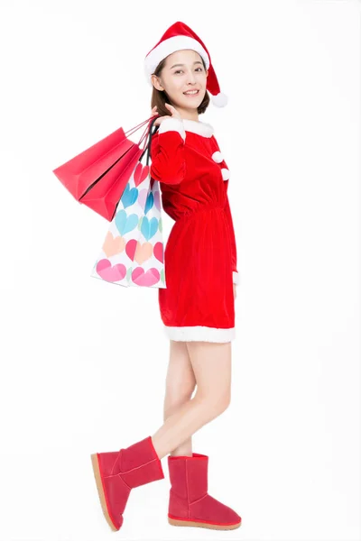 Cheerful Woman Carrying Shopping Bags Posing White Background — Stock Photo, Image