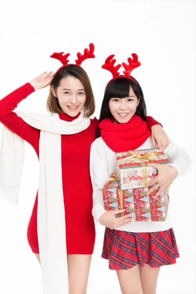 Portrait Two Young Females Holding Christmas Gifts — ストック写真