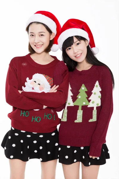 Best Friends Santa Hat Posing White Background — ストック写真