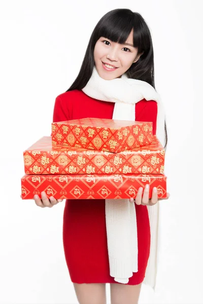 Young Woman Holding Stack Gifts Celebrate New Year — ストック写真