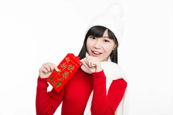 Beautiful Girl Holding Red Envelope Happily White Background Studio Shot — Stock Photo, Image