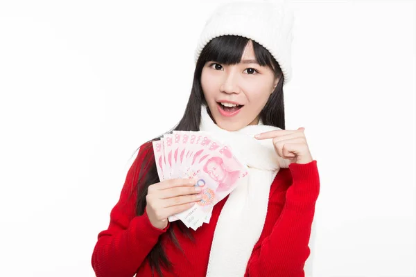 Beautiful Girl Holding Wad Money Smiling White Background Studio Shot — Stock Photo, Image