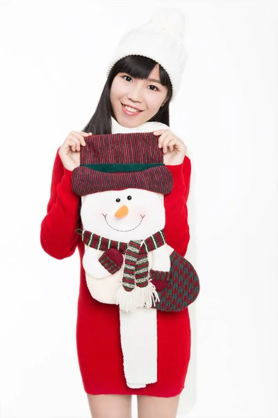 Portrait Young Woman Holding Large Christmas Stocking — ストック写真