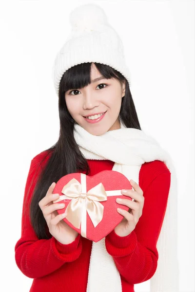 Portrait Beautiful Woman Holding Heart Shaped Gift Box White Background — Stock Photo, Image