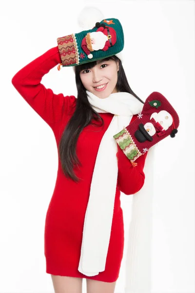 Pretty Woman Holding Christmas Stockings Studio Shot — ストック写真