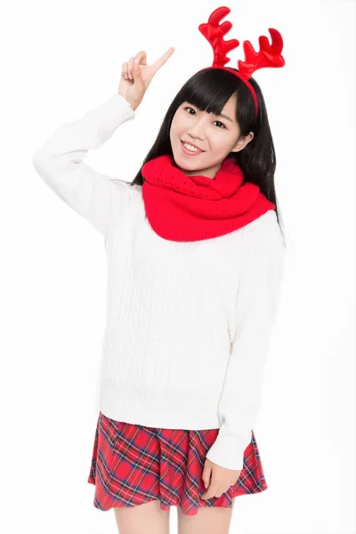 Studio Shot Young Woman Wearing Reindeer Antlers — 스톡 사진