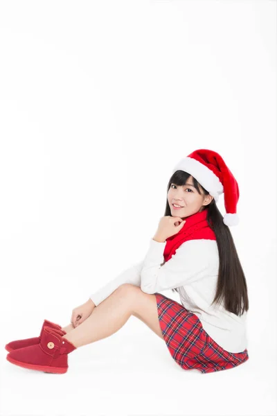 Estudio Tiro Mujer Joven Con Sombrero Santa Para Celebrar Navidad —  Fotos de Stock