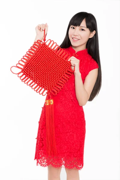 Menina Bonita Segurando Chinês Para Celebrar Ano Novo Tiro Estúdio — Fotografia de Stock