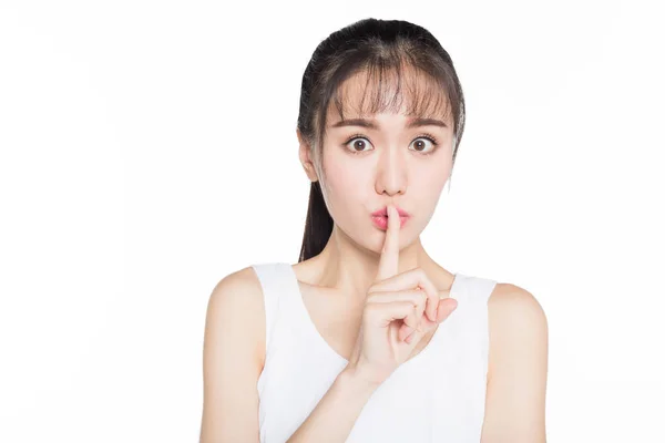 Shocked Woman Finger Her Lips — Stock Photo, Image
