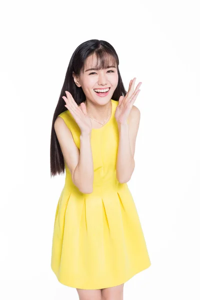 Mooi Jong Meisje Gele Rok Witte Achtergrond — Stockfoto