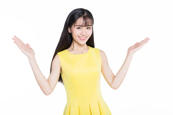 Beautiful Young Girl Yellow Skirt White Background — Stock Photo, Image
