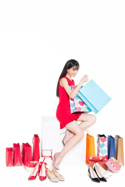 Cheerful Woman Carrying Shopping Bags White Background — Stock Photo, Image