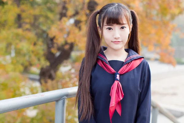 Beautiful Chinese Female Students School Uniforms Walking Campus Learning — Stock Photo, Image