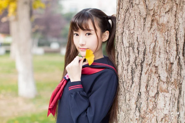 Beautiful Chinese Female Students School Uniforms Walking Campus Learning — Stock Photo, Image