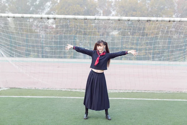 Girls Wearing School Uniforms Alone School Playground — Stock Photo, Image