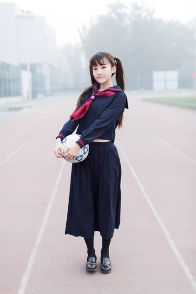 Girls Wearing School Uniforms Alone School Playground — Stock Photo, Image