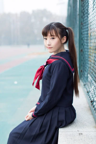 Girls Wearing School Uniforms Alone School Playground — Stock Photo, Image