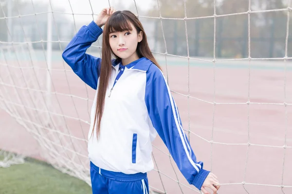 Bonito Chinês Feminino Alunos Ensino Médio Campus Playground Aprendizagem — Fotografia de Stock