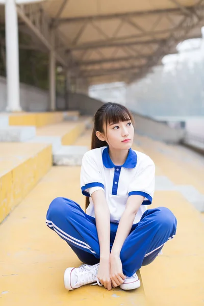 Girl Wearing Blue Shirt Uniforms Stands Campus Playground — Stock Photo, Image