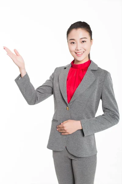 Chinese Beautiful Young Etiquette Lady Wearing Gray Suit — Stock Photo, Image