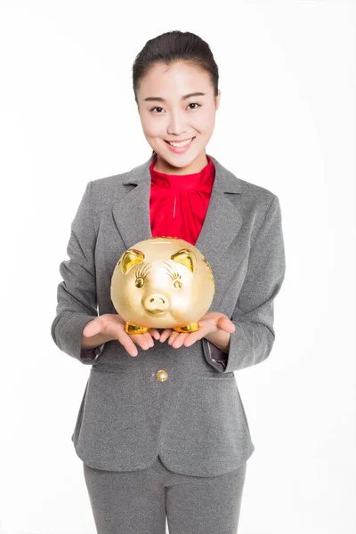 Kinesisk Flicka Grå Kostym Håller Spargris — Stockfoto