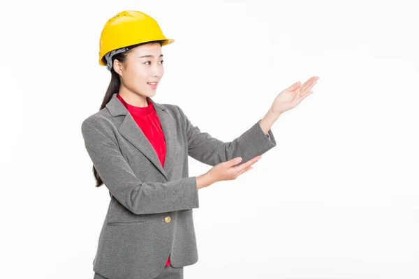 China Beautiful Female Architect Holding Drawing Job Site — Stock Photo, Image