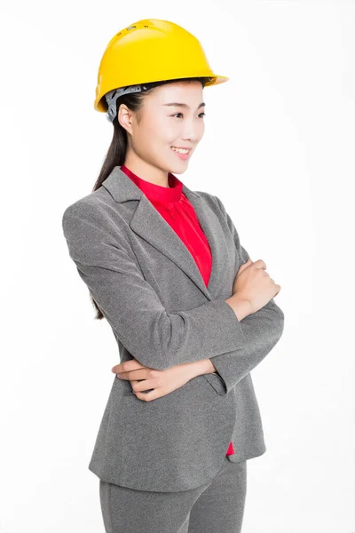China Beautiful Female Architect Holding Drawing Job Site — Stock Photo, Image
