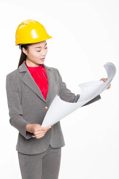 China Beautiful Female Architect Holding Drawing Job Site — Stock Photo, Image