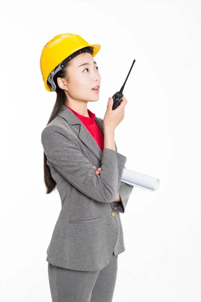 China Beautiful Female Architect Holding Drawing Job Site — Stock Photo, Image