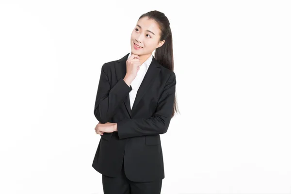 Chiński Piękny Młody Etykieta Lady Noszenie Szary Garnitur — Zdjęcie stockowe