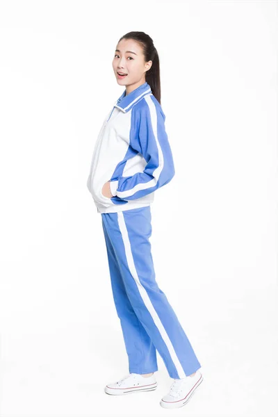 Carino Cinese Studentesse Che Indossano Uniformi Blu — Foto Stock