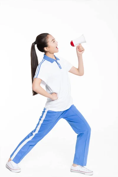 Estudantes Chinesas Usando Uniforme Manga Curta Segurando Alto Falante Gritando — Fotografia de Stock