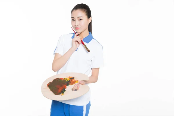 Menina Vestindo Uniforme Manga Curta Segurando Uma Paleta Pintura Aprendizagem — Fotografia de Stock