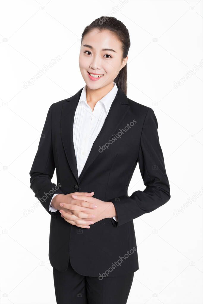 chinese beautiful young  etiquette lady wearing a gray suit