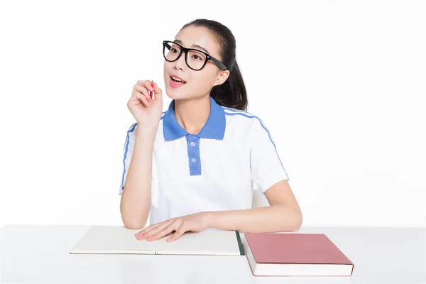 China Bela Escola Secundária Estudantes Sexo Feminino Sala Aula Ouvir — Fotografia de Stock