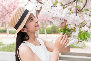 Asyalı kız güzel kiraz çiçeklerine hayran, bahar