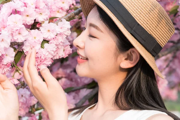 Menina Asiática Admirando Belas Flores Cereja Primavera — Fotografia de Stock