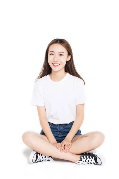 Beautiful Girl Sitting Ground White Background — Stock Photo, Image