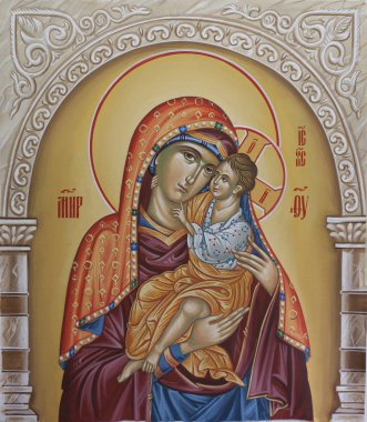Meryem Ana, Theotokos, elinde bebek İsa 'yla, resim yaparken akrilik.
