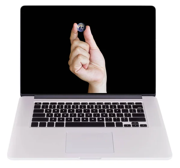 Hand Holding Planet Earth with fingers, on Laptop Monitor isolat — Stock Photo, Image