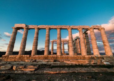 Sounion, Yunanistan, günbatımı altın saat Poseidon Tapınağı