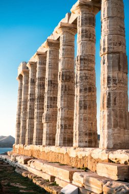Sounion, Yunanistan, günbatımı altın saat Poseidon Tapınağı