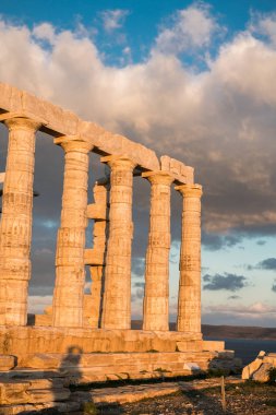 Sounion, Yunanistan, günbatımı altın saat Poseidon Tapınağı