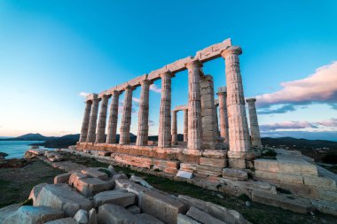 Sounion, Yunanistan, günbatımı altın saat Poseidon Tapınağı