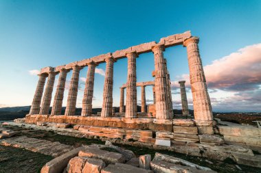 Sounion, Yunanistan, günbatımı altın saat Poseidon Tapınağı